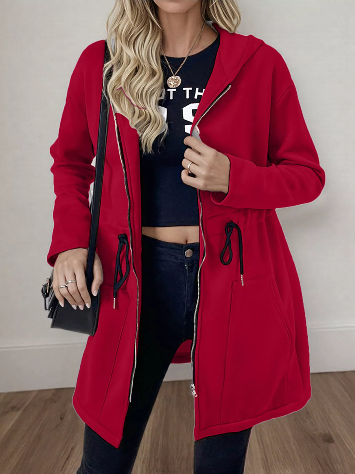 Drawstring Zip Up Hooded Outerwear