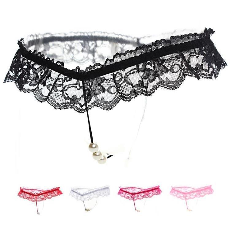 Sexy Lace Pearl Massage Opening Underpants