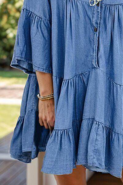 Notched Flare Sleeve Denim Dress for Casual Chic Style