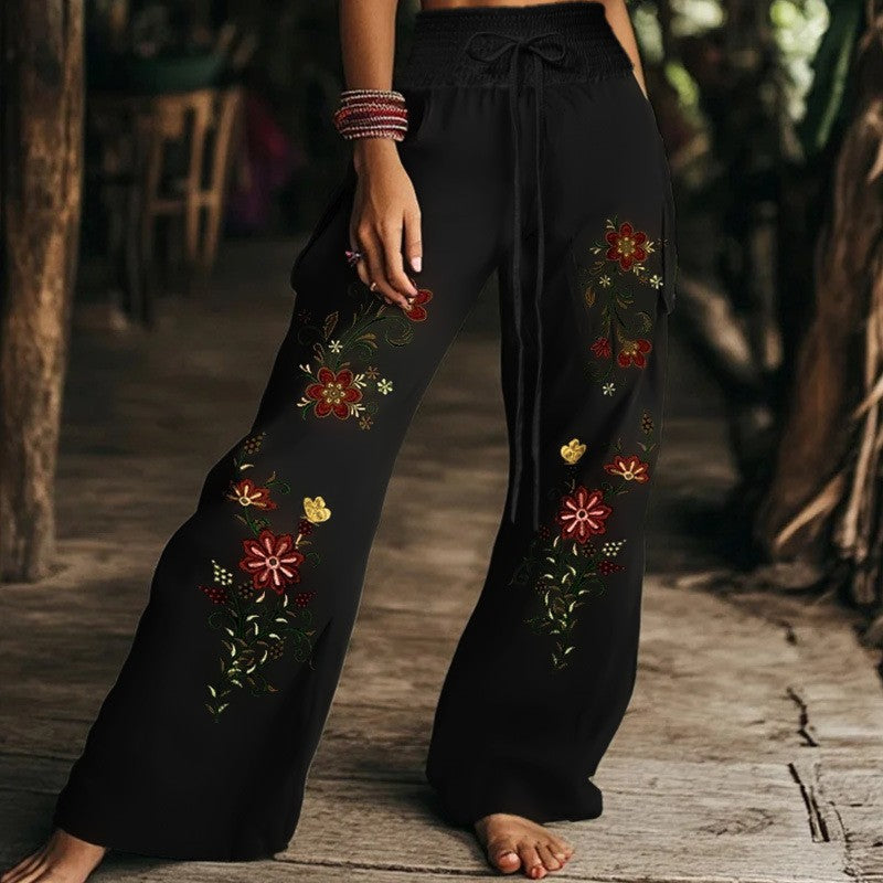 2026 European American Boho  Wide Leg Pants Women Elastic Drawstring High Waist Casual Trousers With Pockets