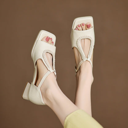 Womens Open-toe Hollowed-out Chunky-heel Buckle Sandals