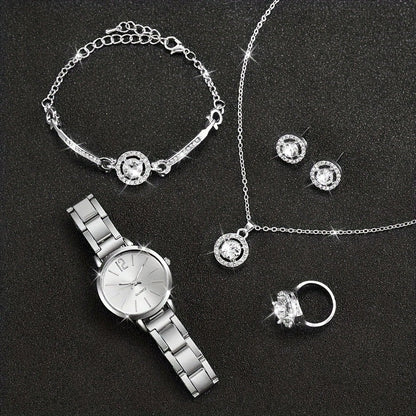 Small Silver Dial With Delicate Steel Strap, Five-piece Set For Women