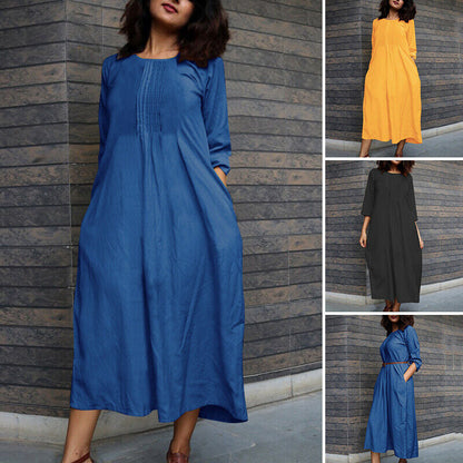Long-sleeved Western-style Age-reducing Fashionable Round-neck Casual Dress With Pockets
