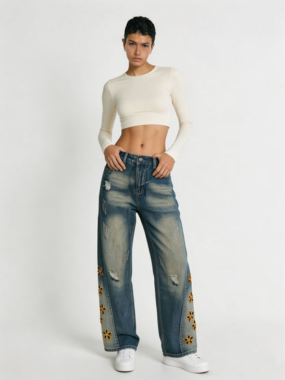 Retro Distressed Womens Denim Jeans