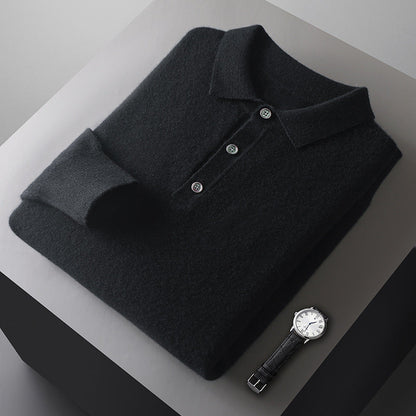 Mens Solid-Color Long-Sleeve All-Wool Polo-Neck Sweater