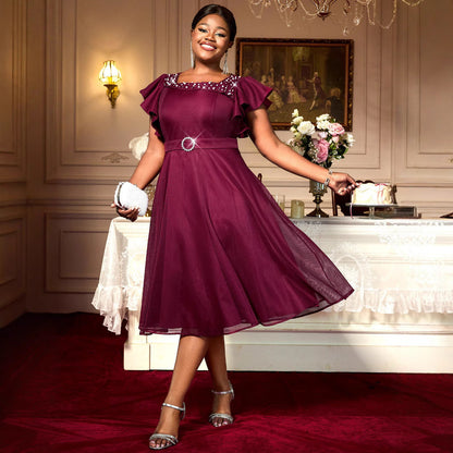 Summer Mesh Butterfly Sleeve Ruffles Party Wedding Guest Elegant Dress