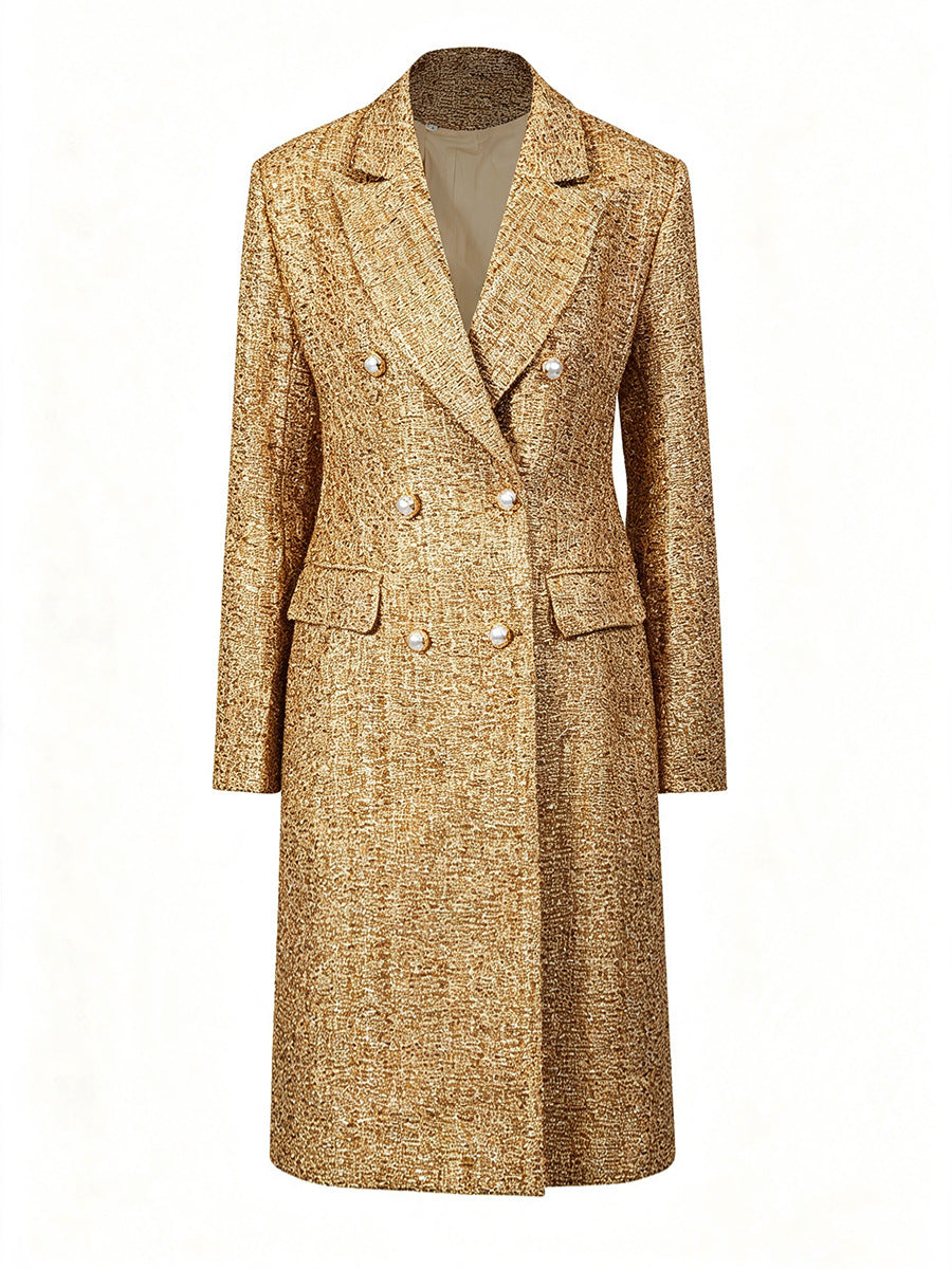 Double-Breasted Metallic Gold Tweed Long Coat