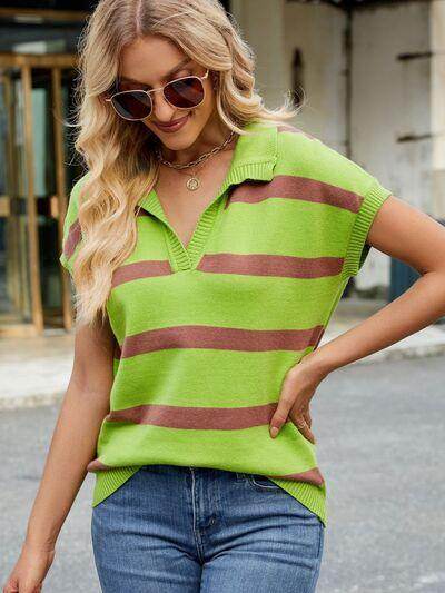 Striped Johnny Collar Cap Sleeve Sweater for Women