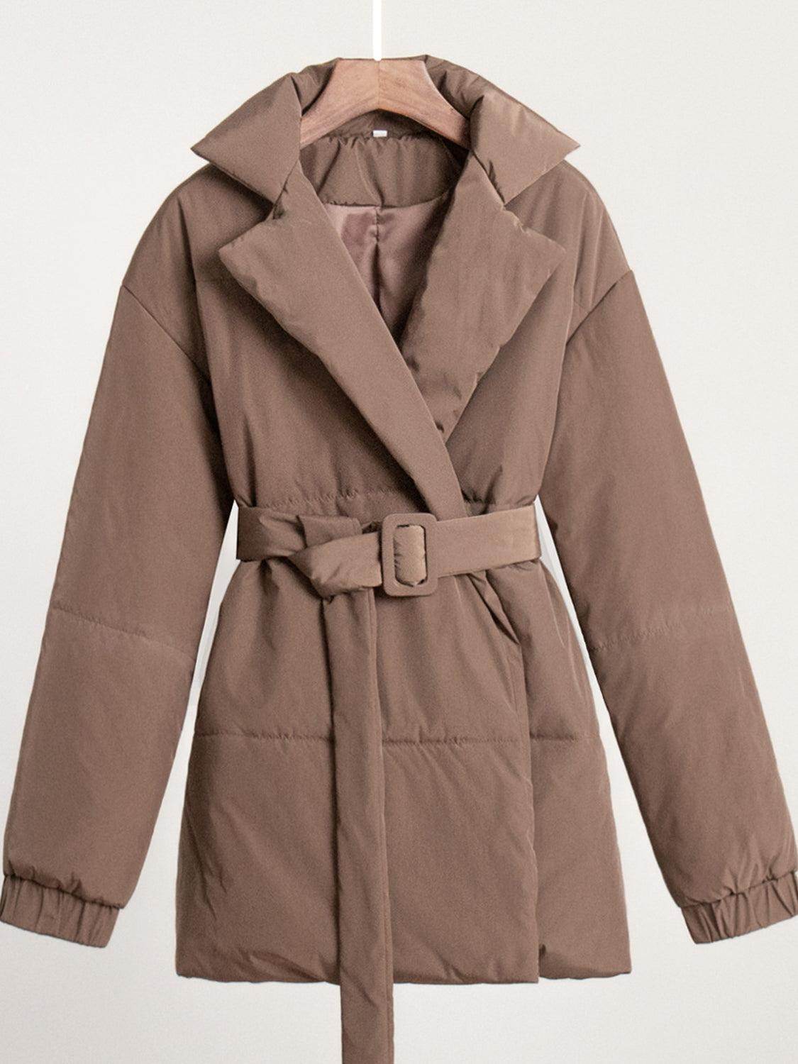 Puffer Long Sleeve Winter Coat with Belt for Women