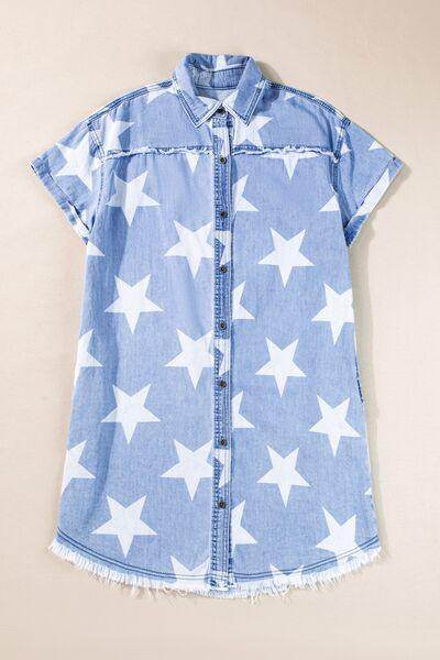 Raw Hem Star Short Sleeve Denim Dress for Casual Style