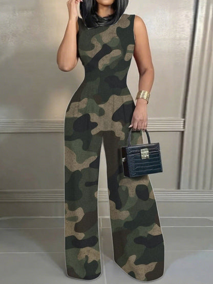 Elegant Round-neck Jumpsuit With A Printed Pattern Pockets And Wide Legs