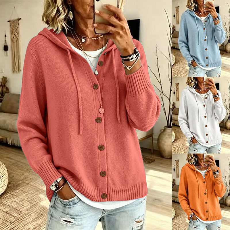Hooded Drawstring Sweatshirt Cardigan With Knitted Buttons