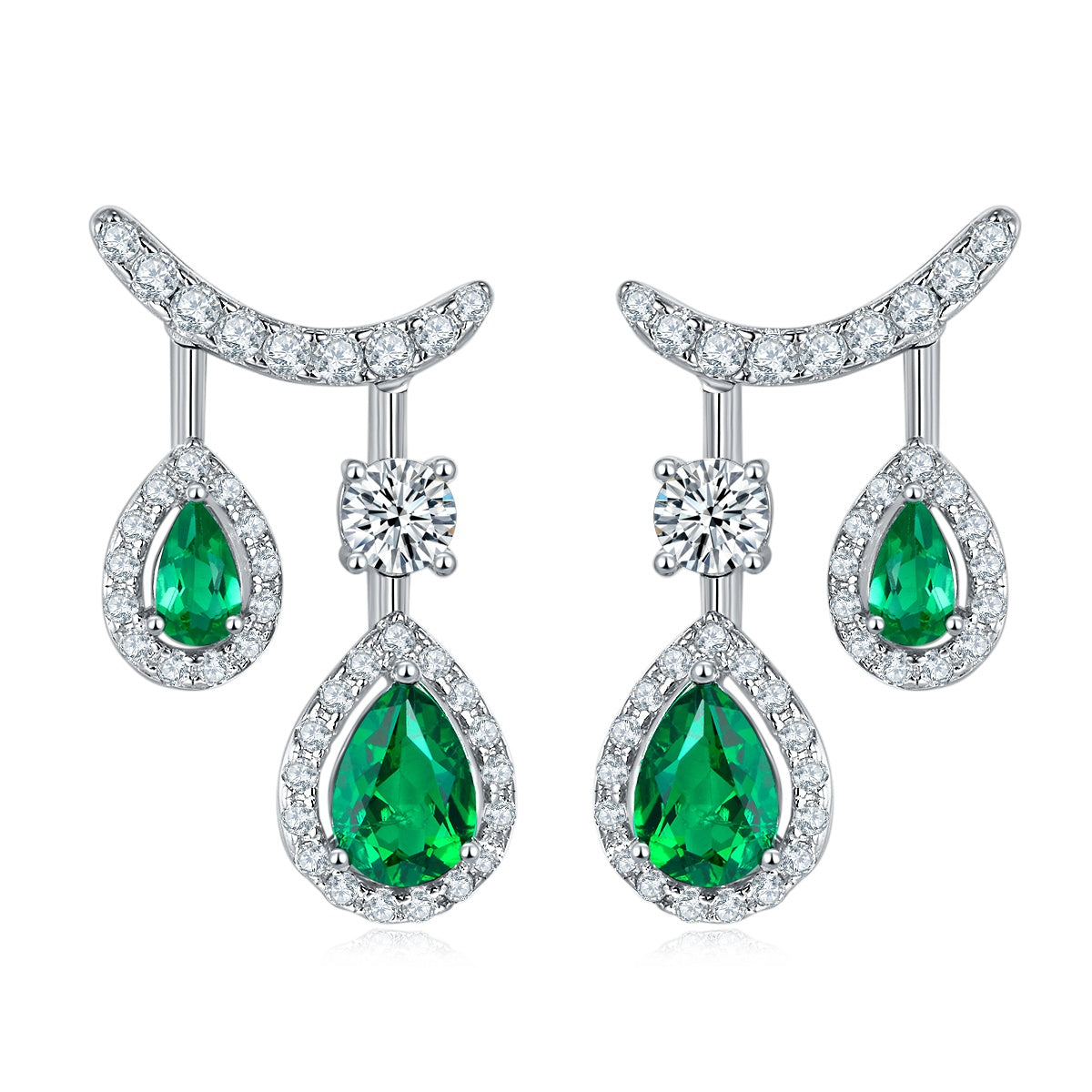 S925 Silver 4.9g 1.53ct Lab-Created Emerald Drop Earrings, Double Pear