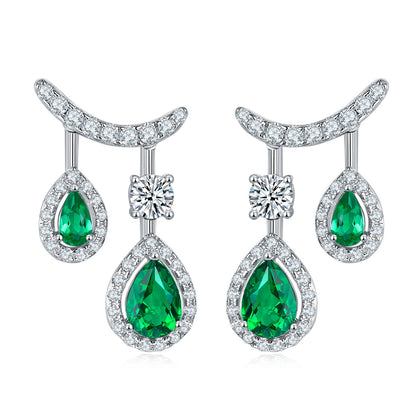 S925 Silver 4.9g 1.53ct Lab-Created Emerald Drop Earrings, Double Pear