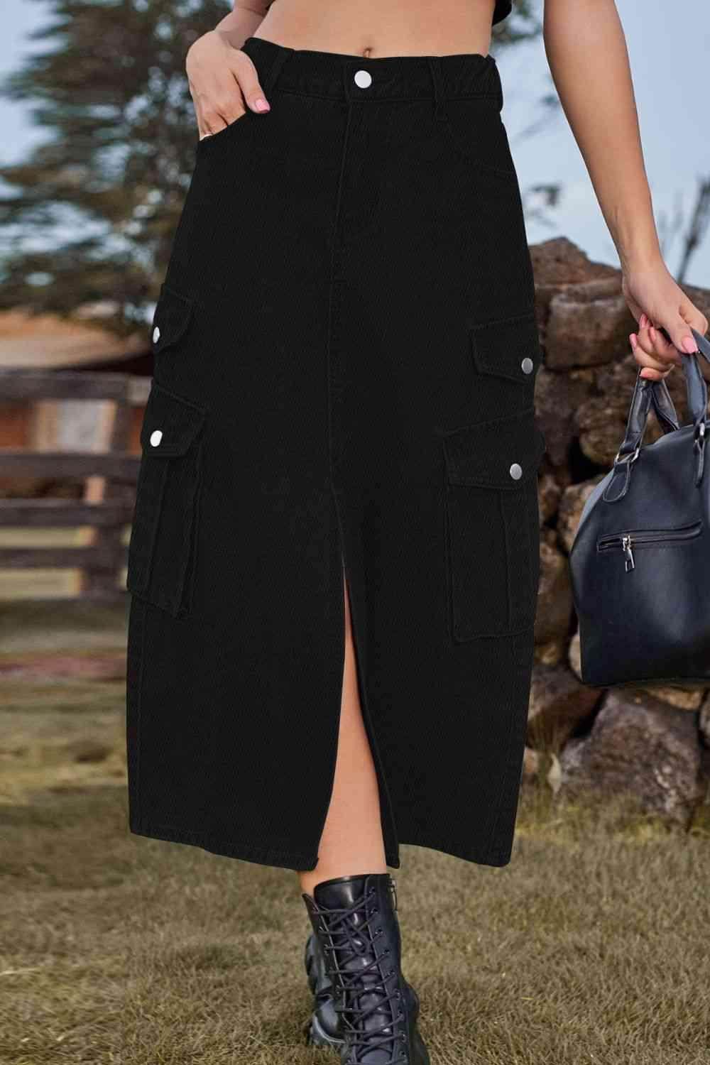 Slit Front Midi Denim Skirt with Pockets for Women