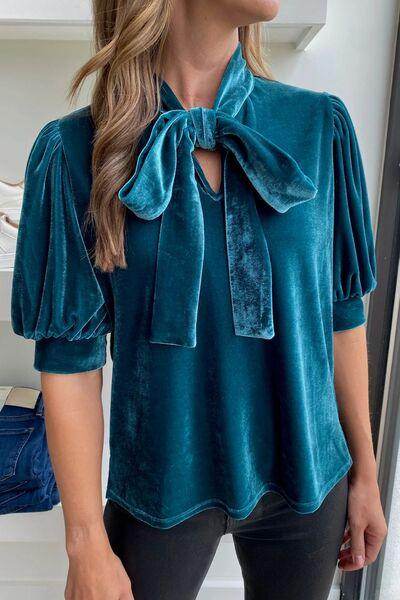 Tie Neck Half Sleeve Blouse for Women in Sheer Fabric