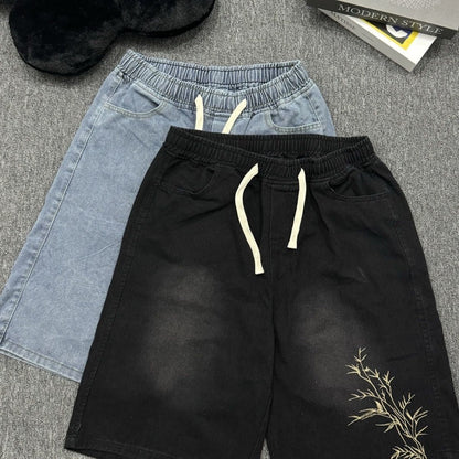 Mens Embroidered Denim Shorts Wide-leg Five-point Length