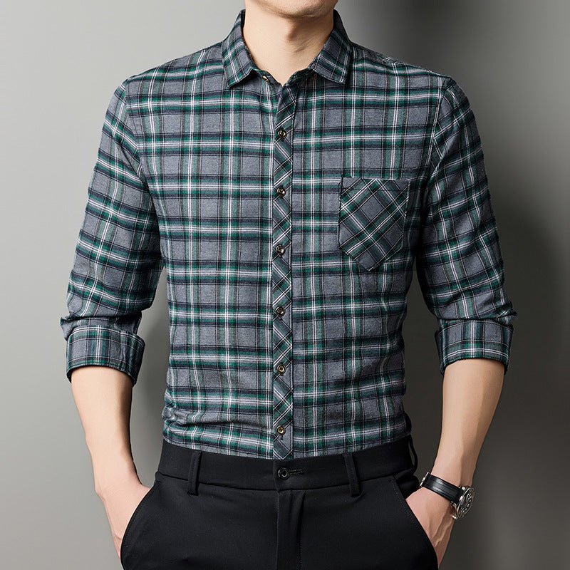 Breathable Fashionable Plaid Long-sleeve Printed Shirt For Middle-aged Men
