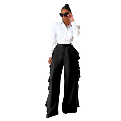 Ruffle Trimmed High-waisted Wide-leg Pants