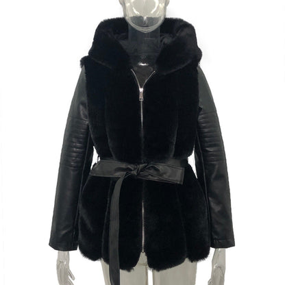 New Style Fur Belt Belt Hooded Zipper Jacket Women's Clothing