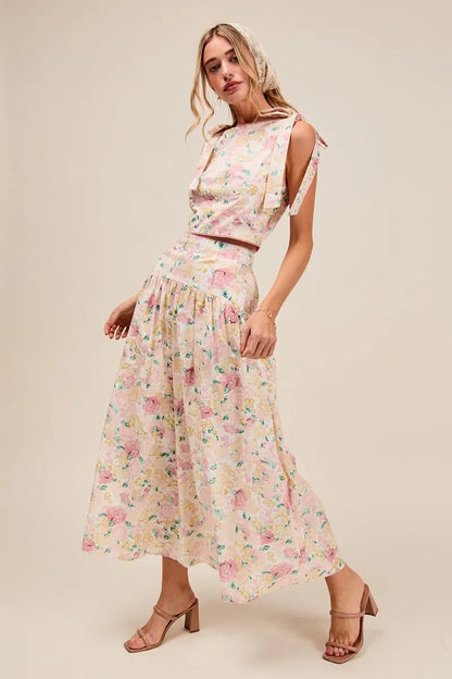 SO ME Floral Printed Woven Shoulder Bow Tie Top and Skirt Set