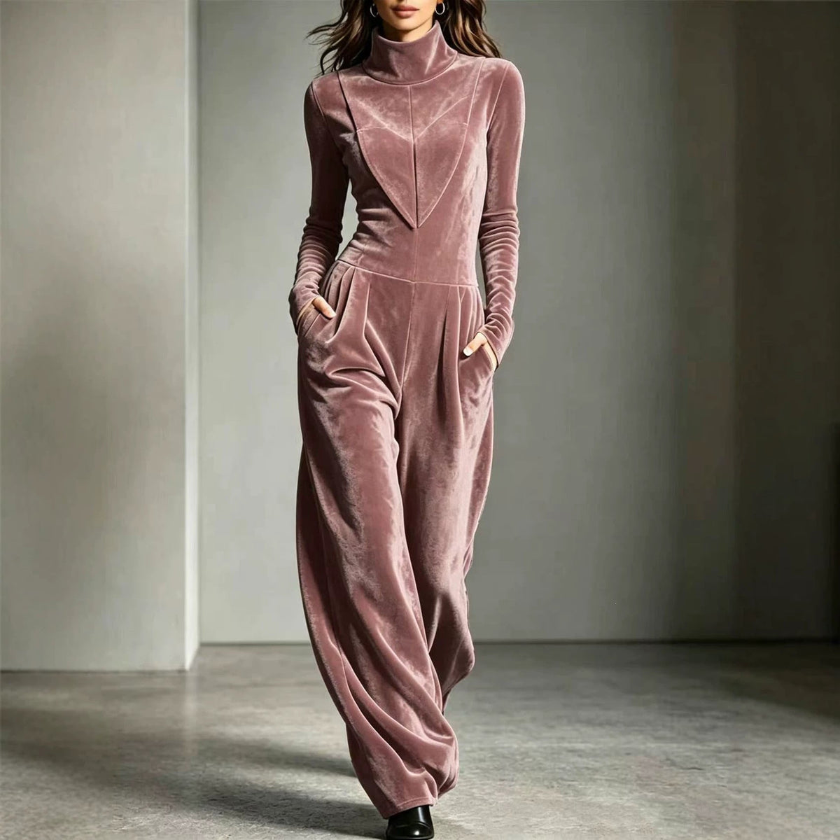 Womens Casual Turtleneck Solid-Color Long-Sleeve Jumpsuit