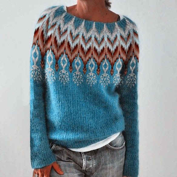 Women's Round Neck Loose Multicolor Pullover Sweater