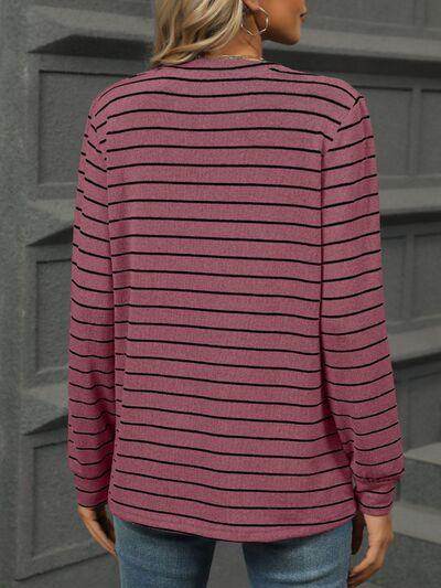 Striped Notched Long Sleeve T-Shirt for Casual Style