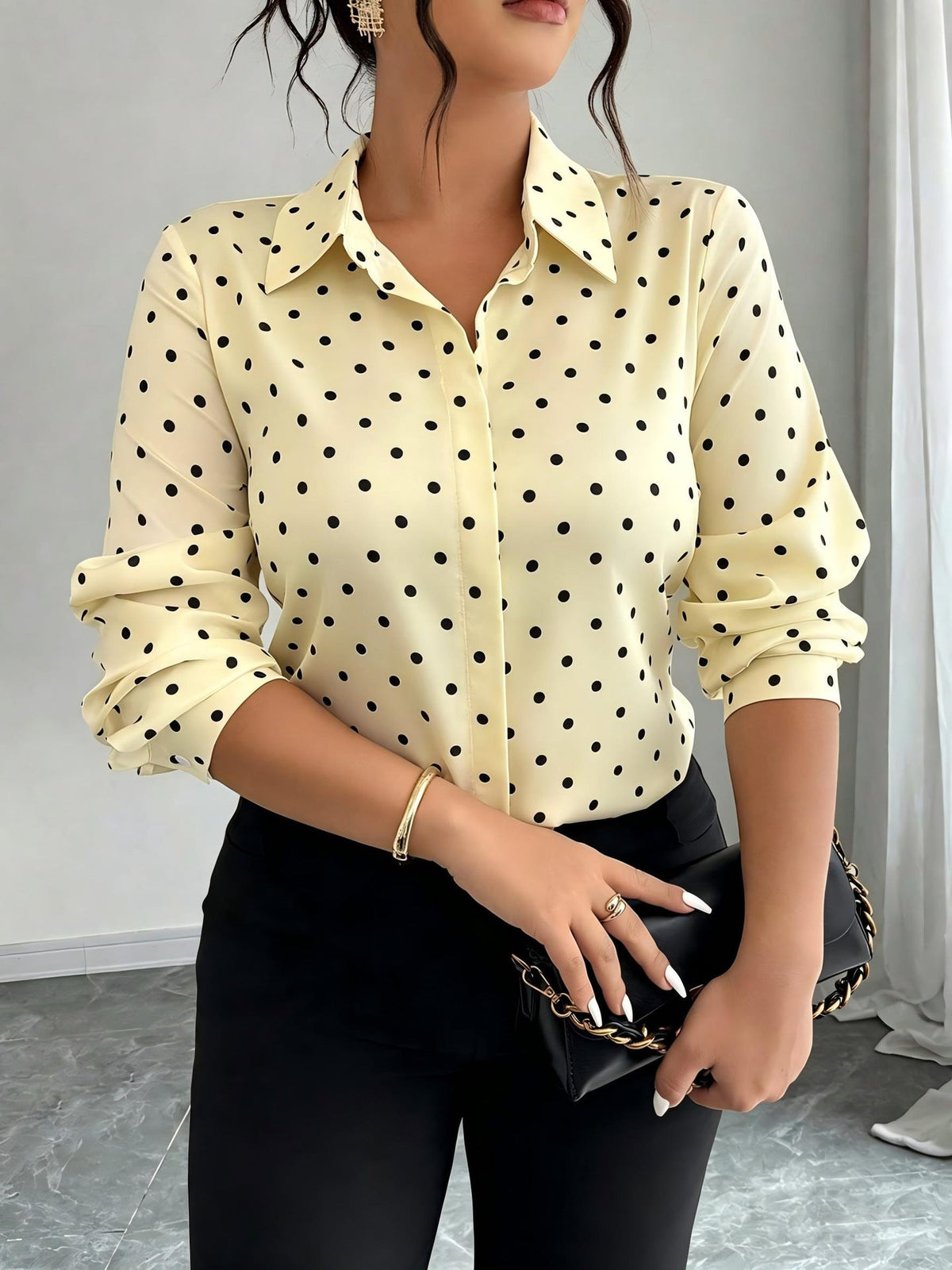 Women's Long-sleeve Polka-dot Slim-fit Lapel Blouse