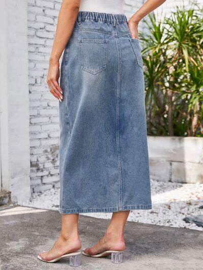 Slit Midi Denim Skirt with Pockets for Stylish Women