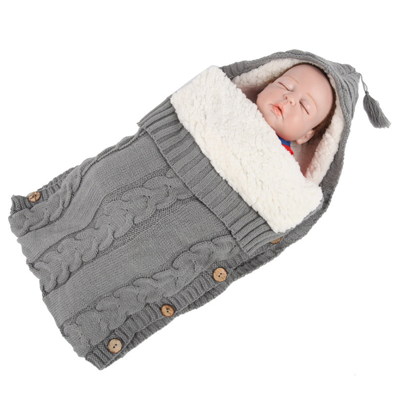 Warm Hooded Baby Wool Knitted Button Sleeping Blanket