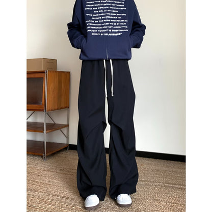 Solid-color Pleated Workwear Mens Straight-leg Loose Wide-leg Versatile Minimalist Drawstring Casual Trousers