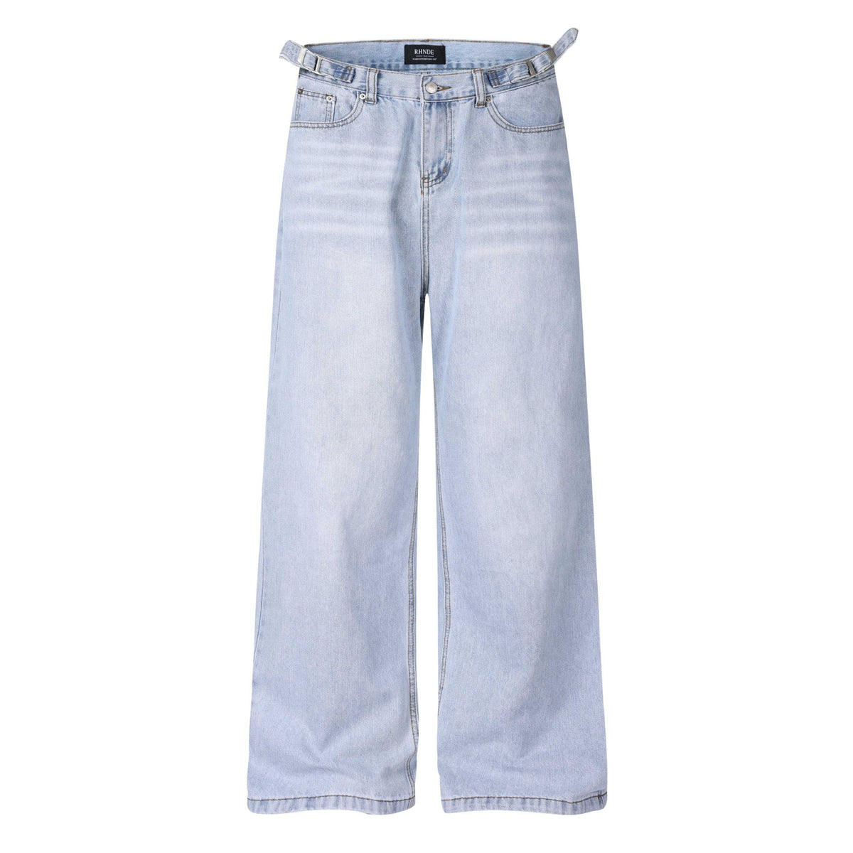 Retro Washed Distressed Jeans With A Waistband Buckle And Elastic Unisex