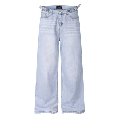 Retro Washed Distressed Jeans With A Waistband Buckle And Elastic Unisex