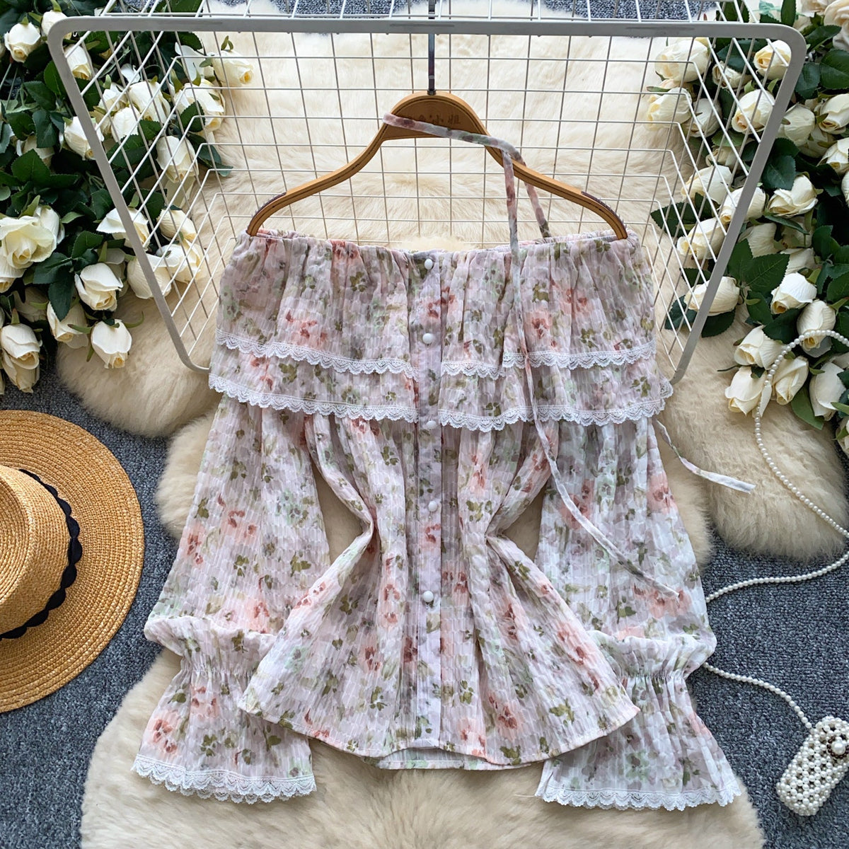 Womens Lace-Patchwork Ruffled Flare-Sleeve Floral Blouse