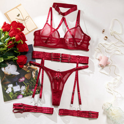 See-through Halter Bra Four-piece Set For Women