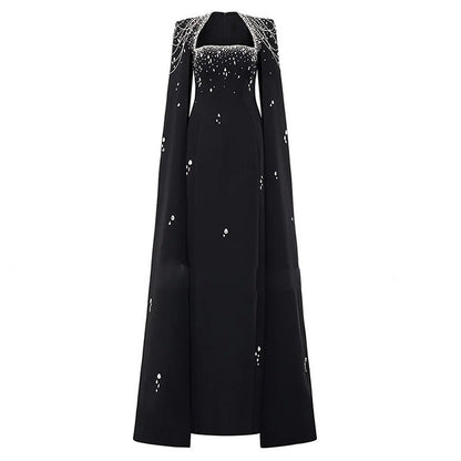 Beaded Lanyard Shawl Sleeve And Floor Long Dress