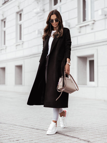 Long Sleeve V-neck Tie Woolen Coat Women's Clothing