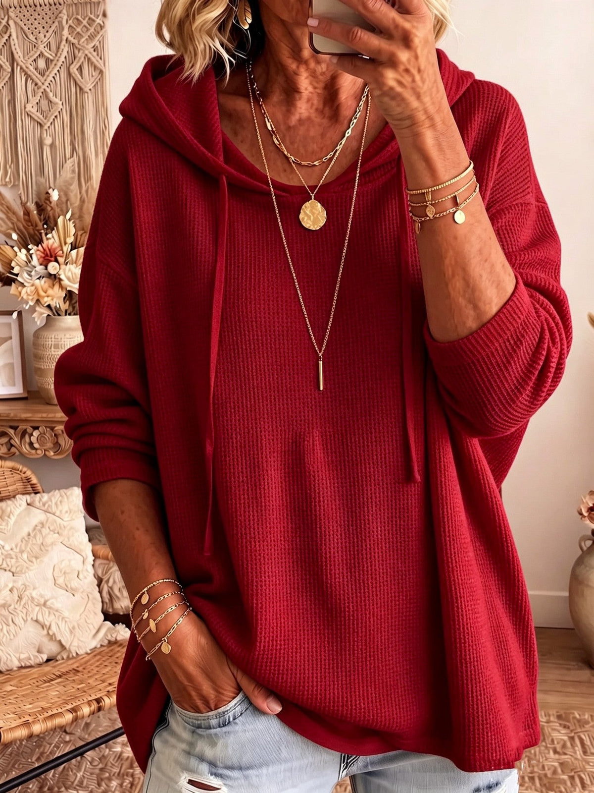 Casual Solid-color Loose-fitting Sweatshirt With A Hood