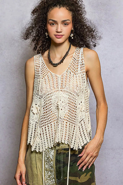 POL Openwork V-Neck Crochet Tank