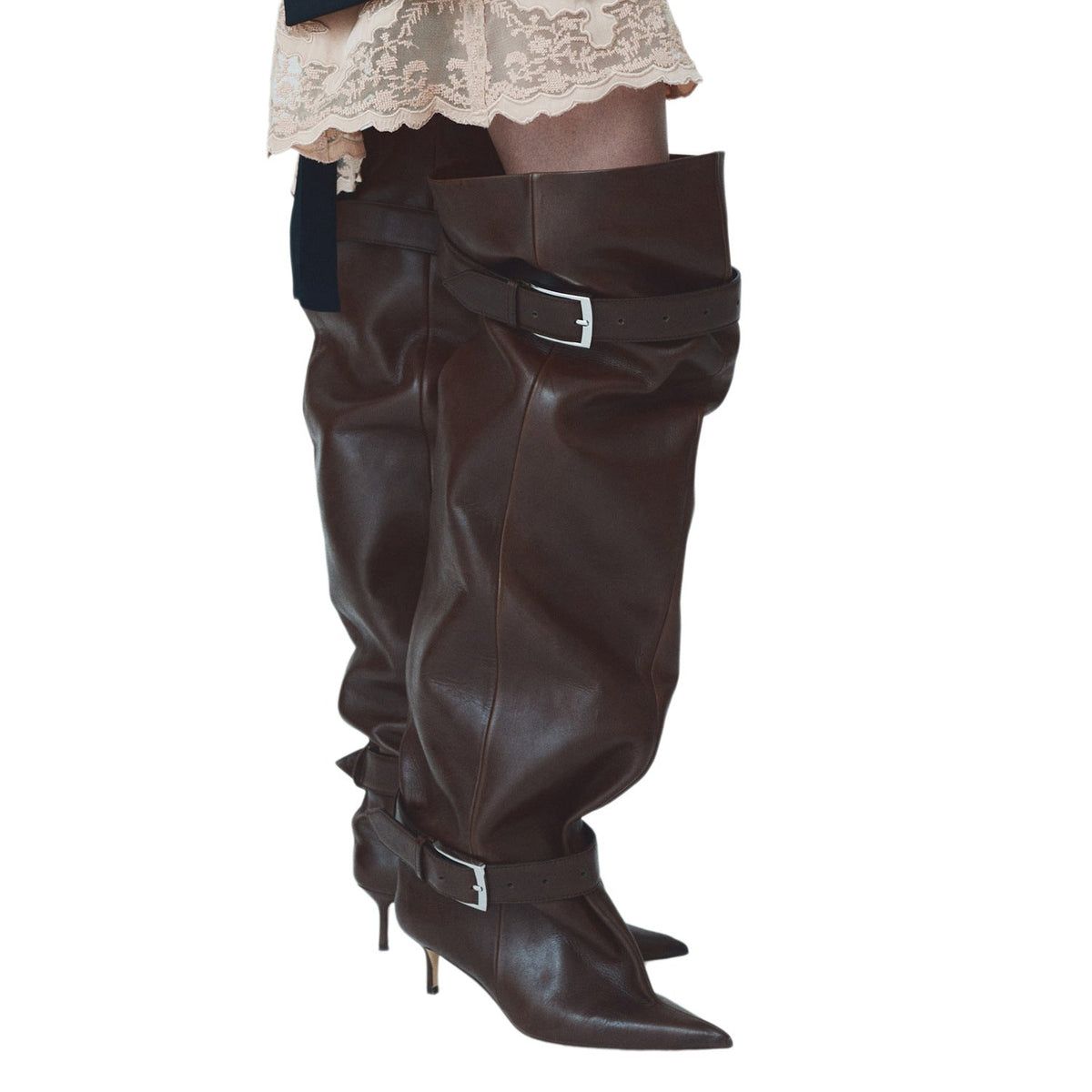 Pointed-toe Low-heeled Buckle-decorated Over-the-knee Womens Boots
