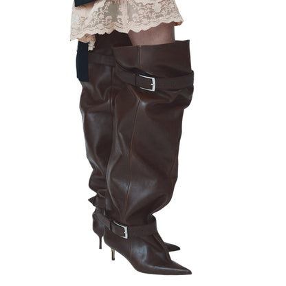 Pointed-toe Low-heeled Buckle-decorated Over-the-knee Womens Boots