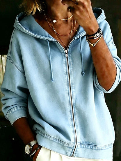 Casual Washed Hoodie With Zipper Loose-fitting And Versatile Top