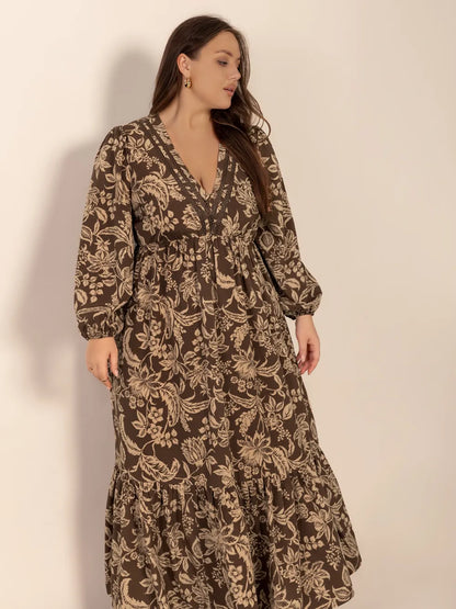 Plus Size Printed V-Neck Balloon Sleeve Maxi Dress