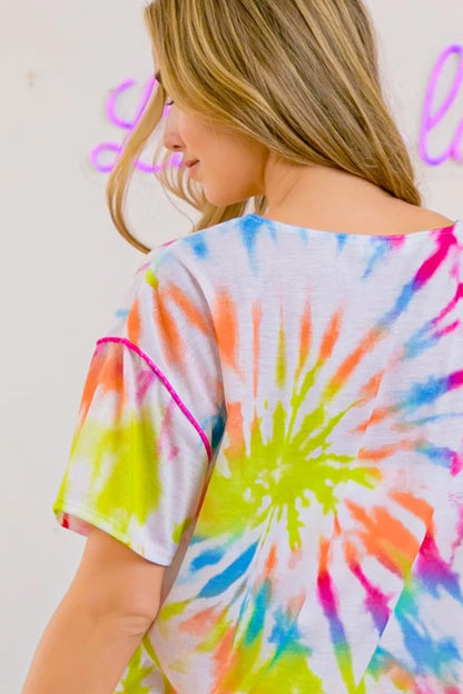 BiBi Tie Dye Print Jersey Stitched V Neck Top