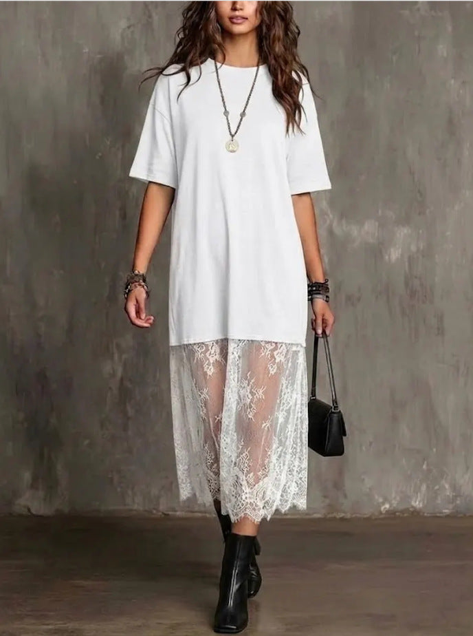 Womens Solid-Color Lace-Patchwork Short-Sleeve Dress