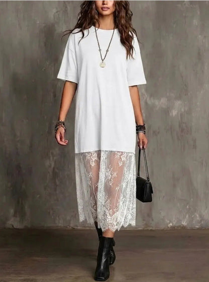 Womens Solid-Color Lace-Patchwork Short-Sleeve Dress