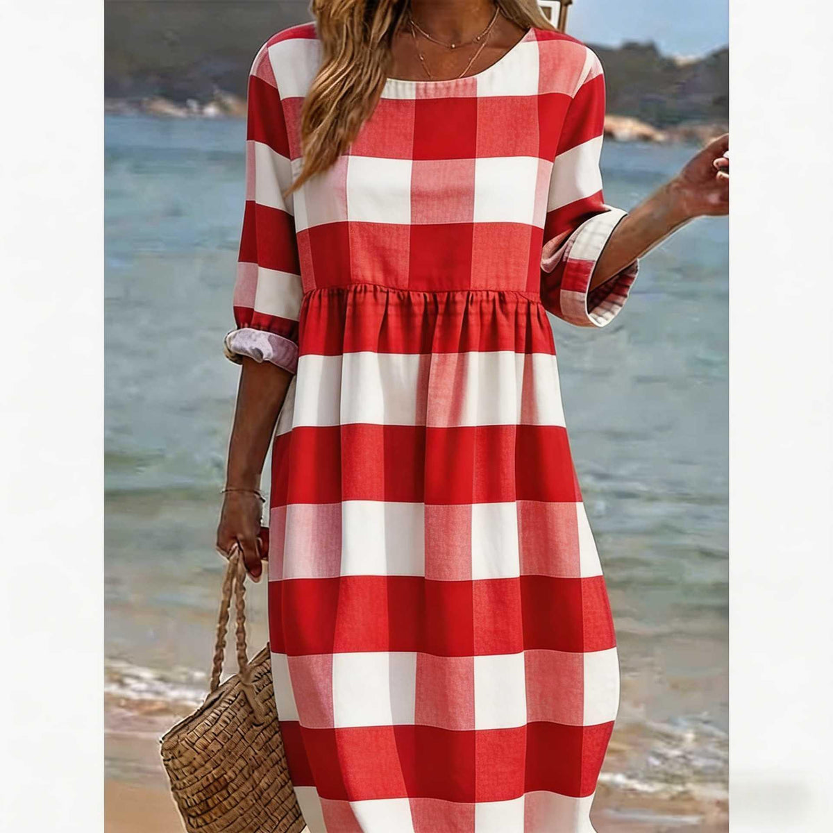 Womens Casual Patchwork Cotton-Linen Dress