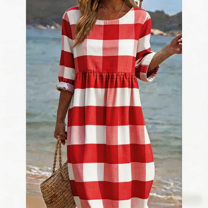Womens Casual Patchwork Cotton-Linen Dress