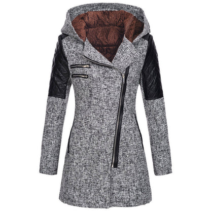 Women Warm Slim Full Zipper Coat Thick Woolen Coat Female Fall Winter Windbreaker Hooded Diagonal Zipper Women's Clothing
